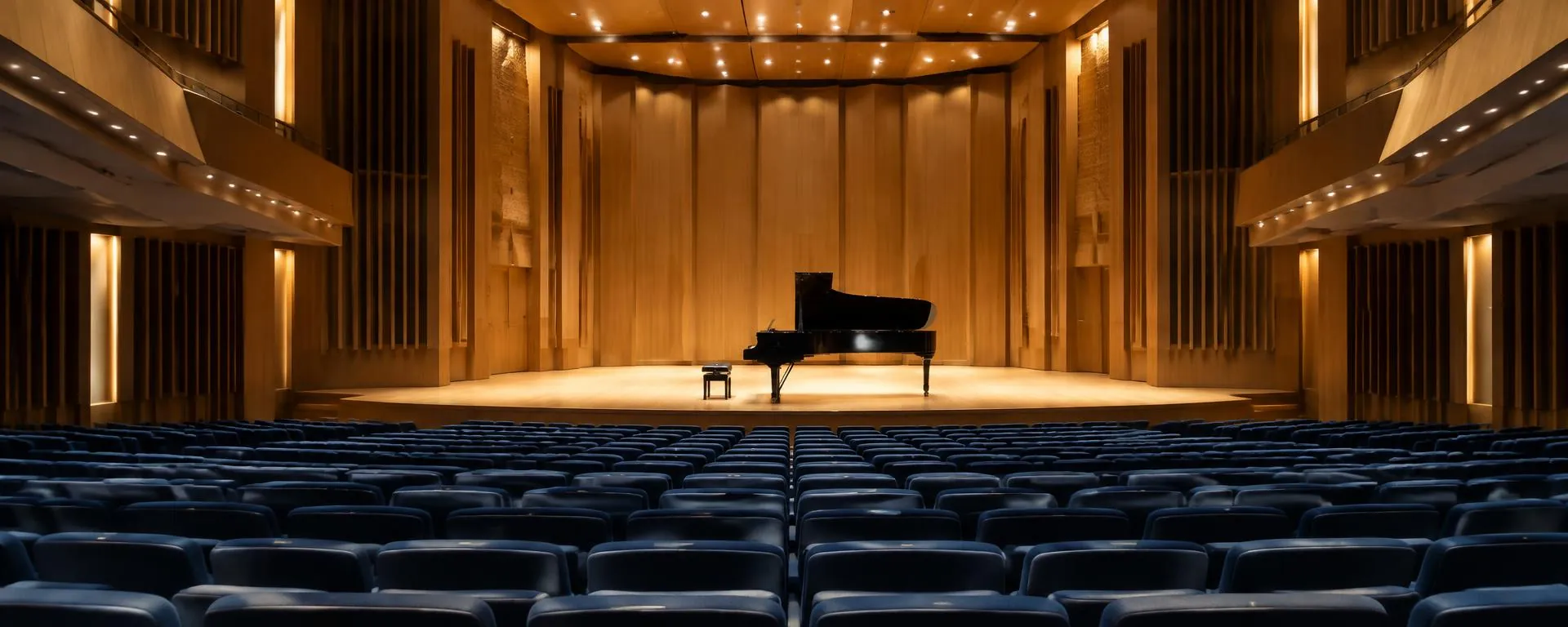 Blauwe stoelen en een warm verlicht podium in een lege concertzaal