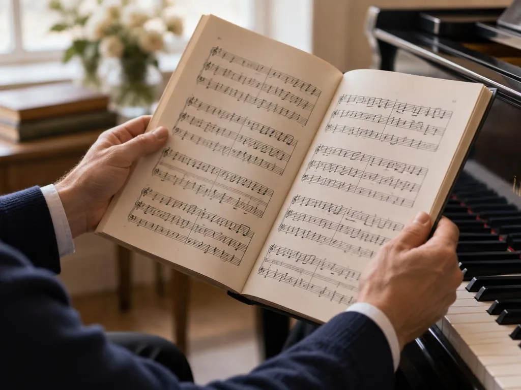 Handen houden bladmuziek bij de piano
