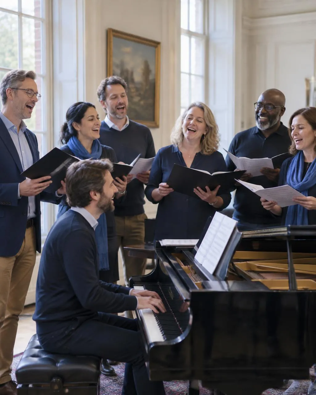 Koorleden repeteren samen rond de piano